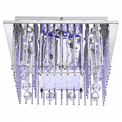 Eine LED Deckenleuchte mit Glaskristallen in Aluminium und Glas