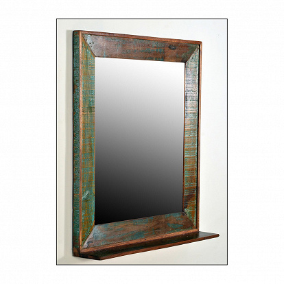 Spiegel mit Ablagebrett aus braunem Massivholz für das Bad, die Diele oder im Schlafzimmer 