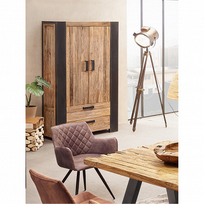 Brauner Holzschrank mit Türen und Schubladen Breite 110 cm aus massivem Teak Recycelt Wohnmöbel 