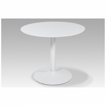 Der Esstisch ist in runder Form Durchmesser 90 cm in weiss mit stabiler Bodenfuss Platte 