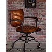 Vintage Bürostuhl mit Armlehnen rundum drehbar mit braunem Lederbezug 