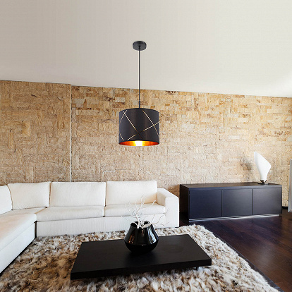 Wohnzimmer Hängelampe mit rundem schwarzen Stoffschirm innen Farbe Design gold 28 cm 